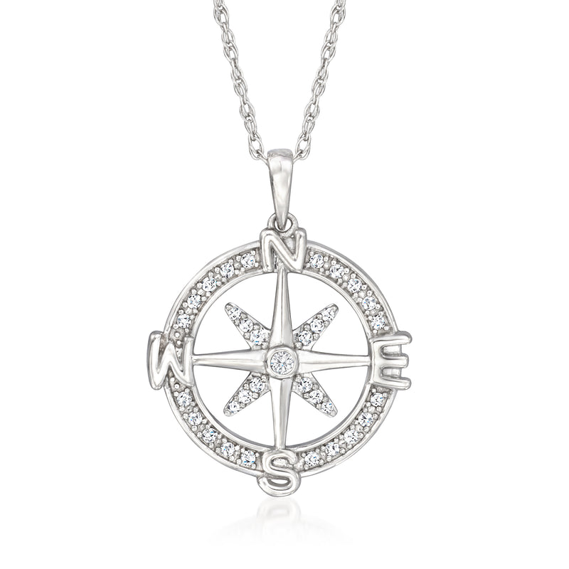 Diamond compass pendant necklace in sterling silver