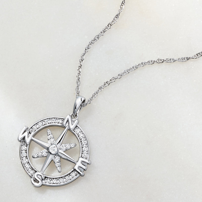 Sterling silver compass pendant necklace with diamond accents