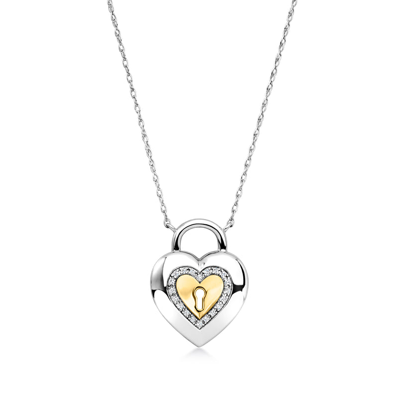 Sterling silver heart lock pendant necklace with gold center and diamond accents