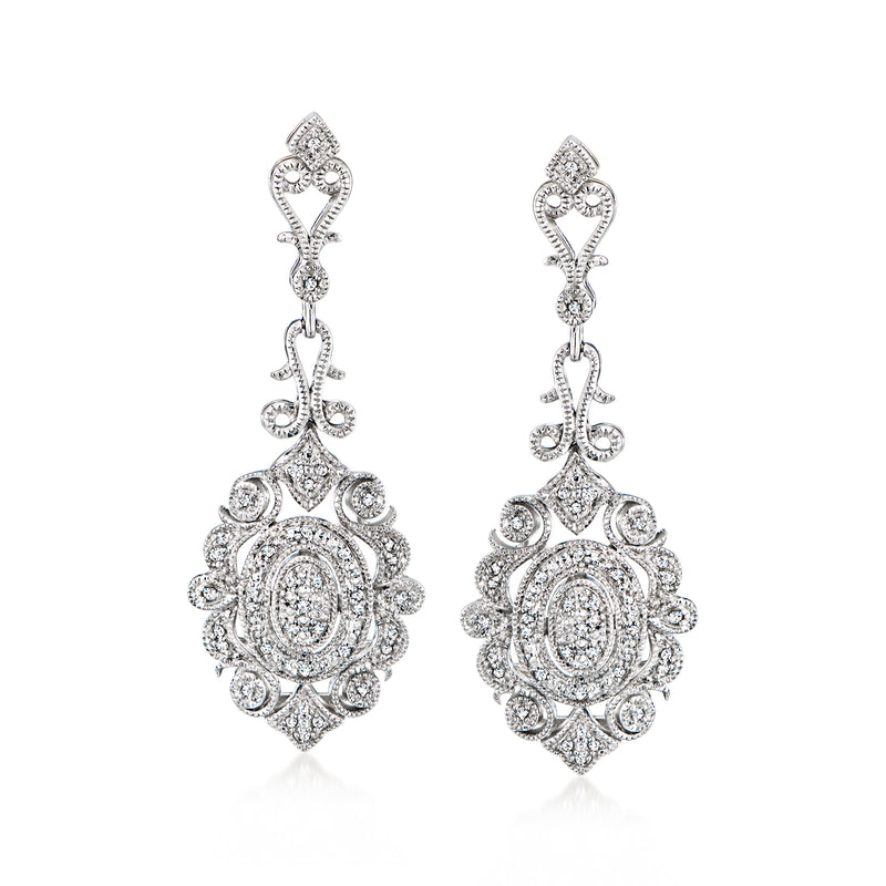 Sterling silver diamond filigree drop earrings with circular floral motifs