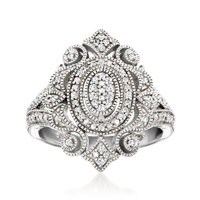 Sterling silver diamond milgrain swirl ring with oval center and halo accents