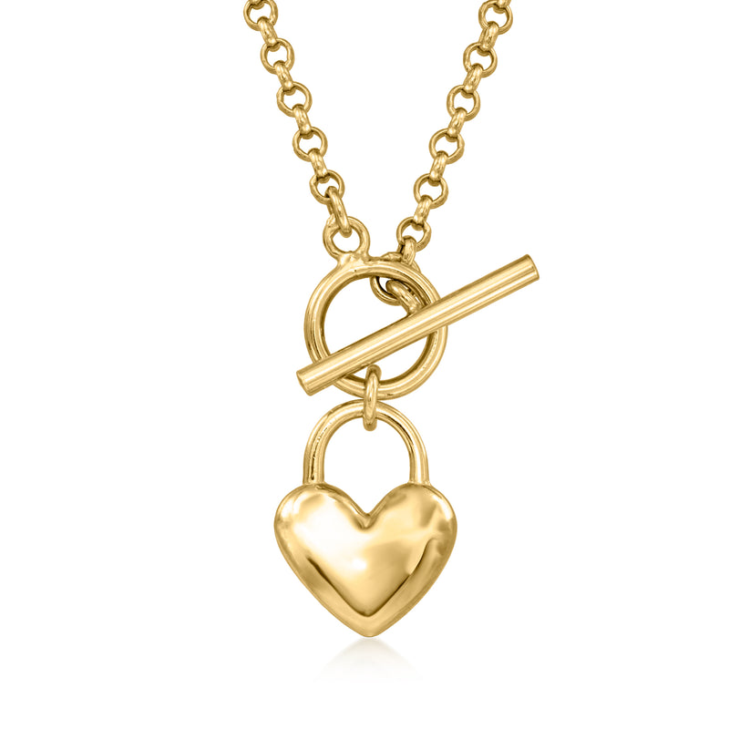 Gold heart toggle necklace with barrel clasp and dangling heart pendant
