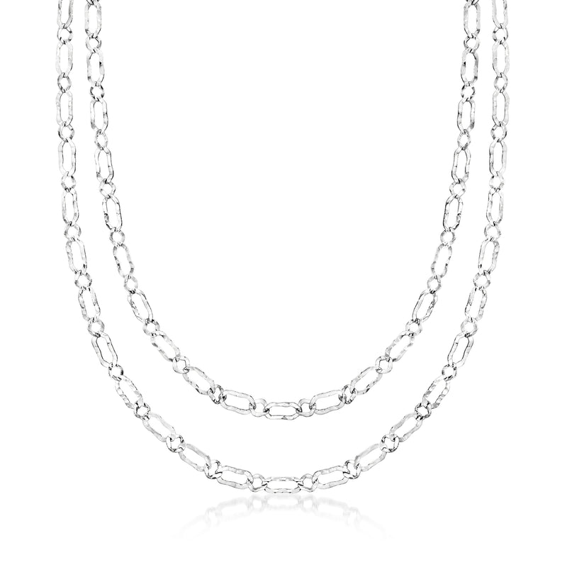 Sterling silver layered flat-oval link necklace with hammered and polished finish