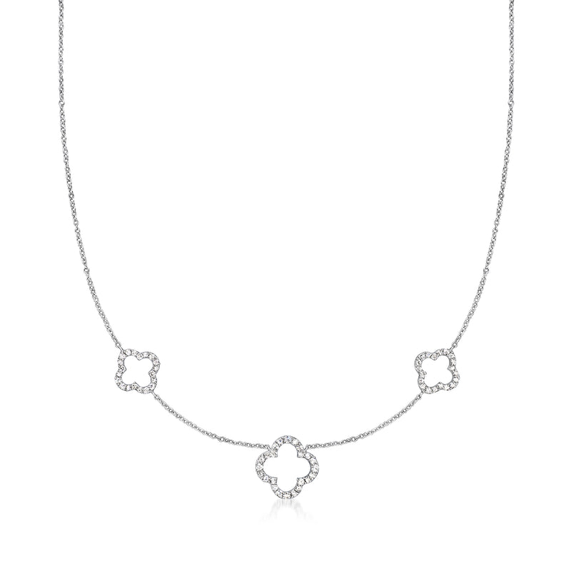 Sterling silver clover station necklace with three diamond clover stations and fine chain