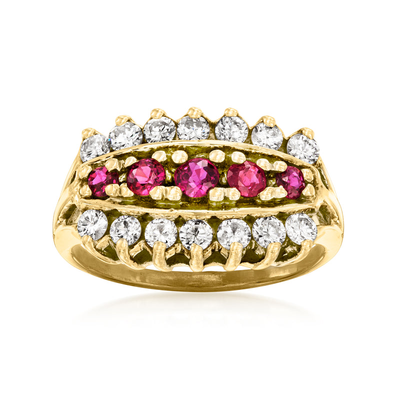 14kt yellow gold vintage ring with ruby and diamond rows