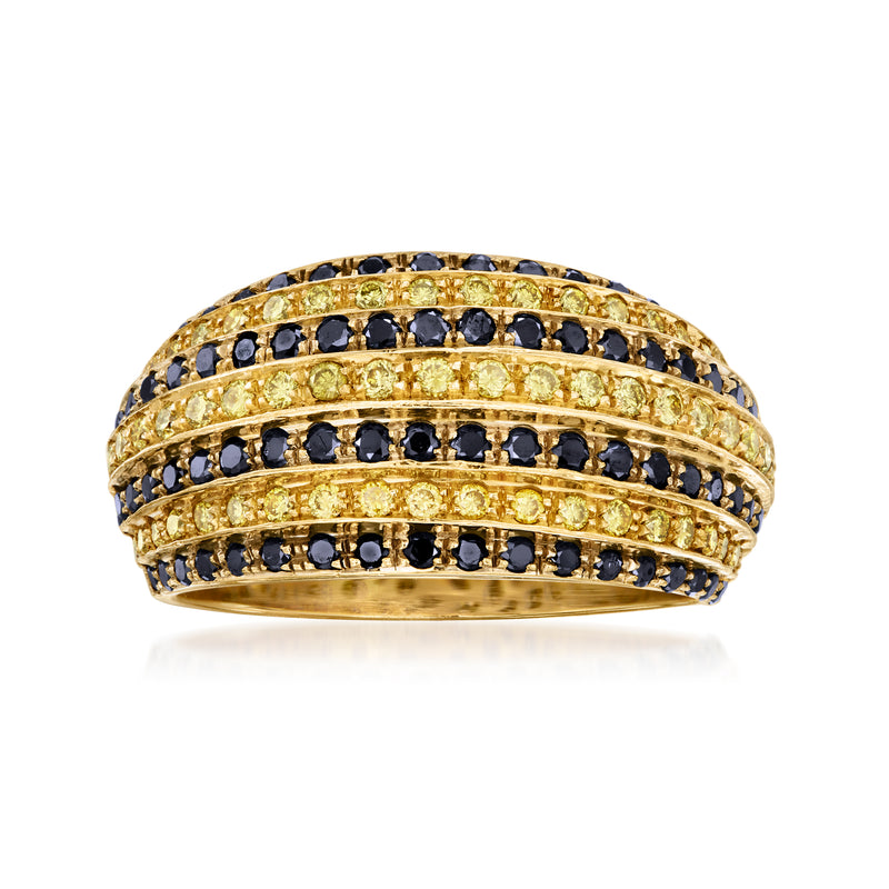 Yellow gold dome ring with alternating rows of blue stones and sparkling highlights