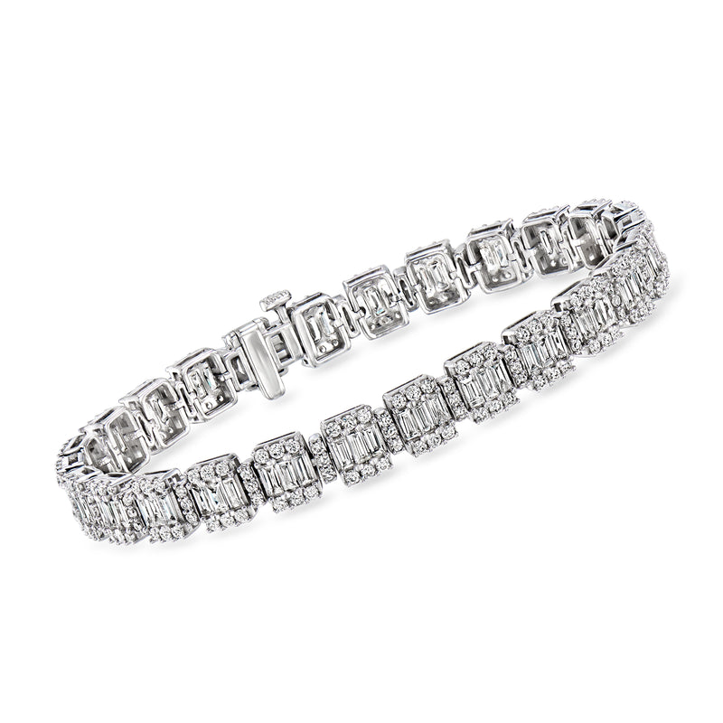 14kt white gold diamond tennis bracelet with rectangular baguette-style stones