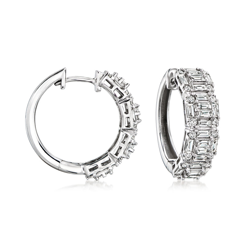 14kt white gold hoop earrings with baguette-cut diamond accents, hinged clasp