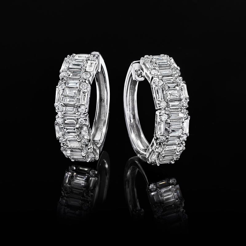 14kt white gold hoop earrings with baguette-cut diamond segments, high sparkle