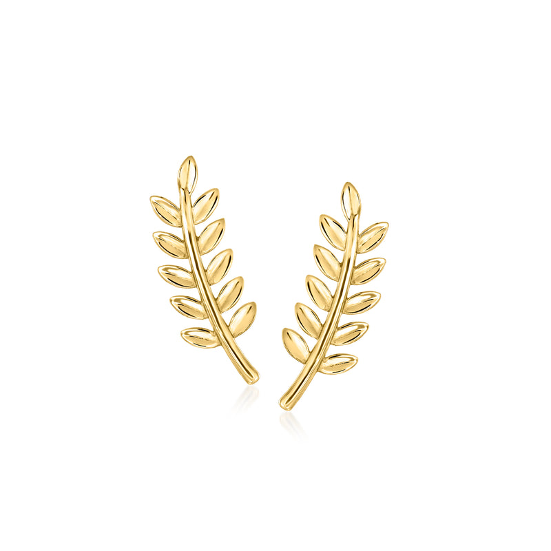 14kt yellow gold leaf stud earrings with two branch stems and small leaves