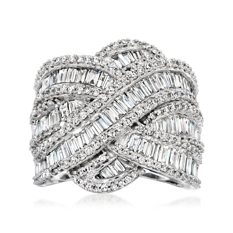 14kt white gold diamond highway ring with baguette and round stones, crisscross bands