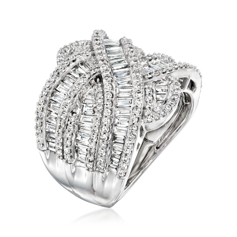 14kt white gold diamond ring with baguette-cut stones across the top, open side view