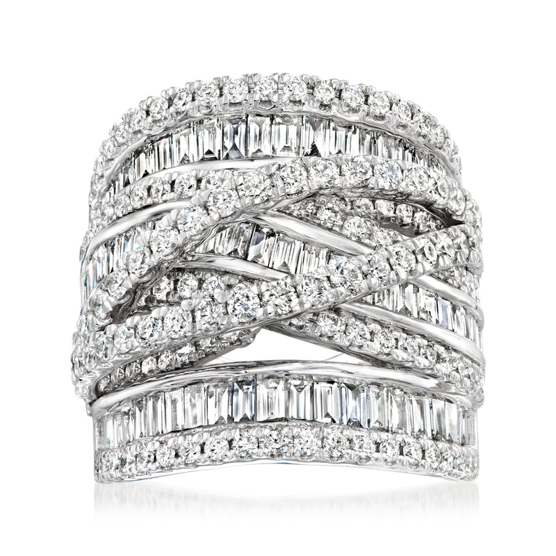 14kt white gold diamond highway ring with round and baguette stones, front