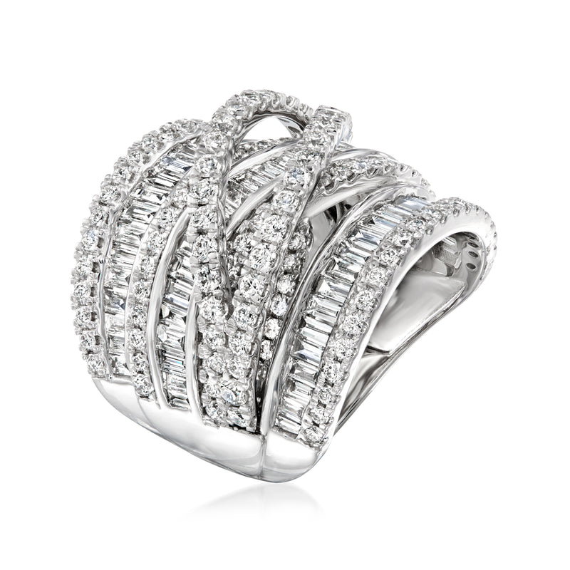 14kt white gold diamond highway ring, angled side view with baguette and round stones