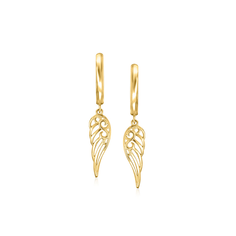 14k yellow gold angel wing drop earrings, dangling wing charm
