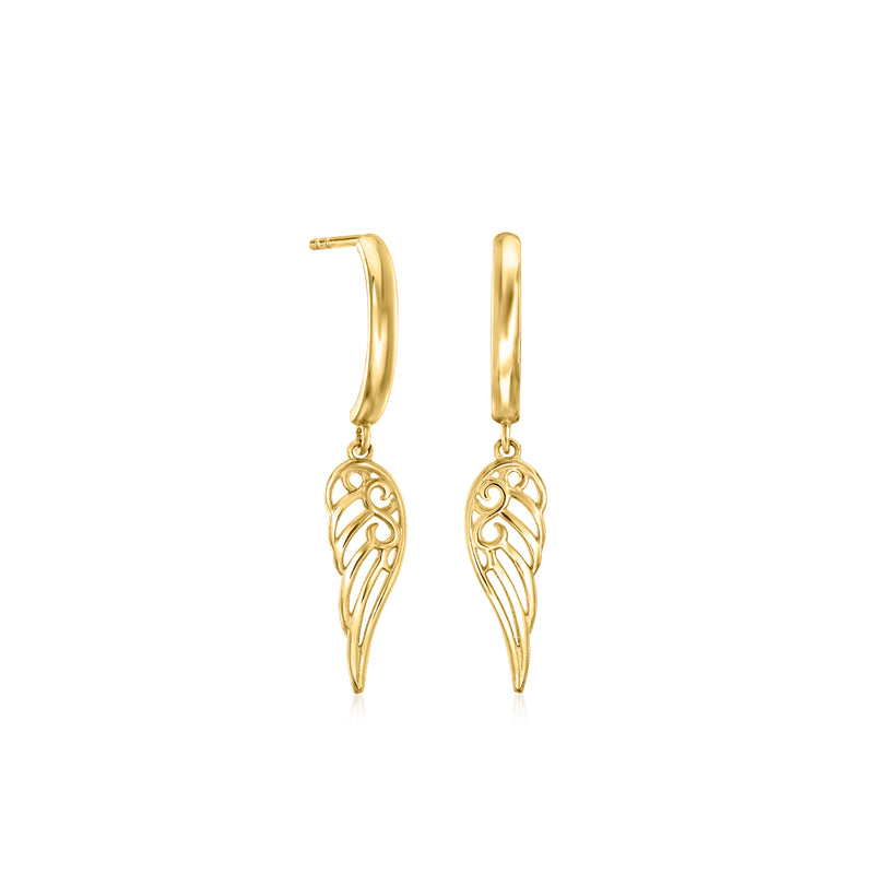 14k yellow gold angel wing drop earrings with textured wing detail