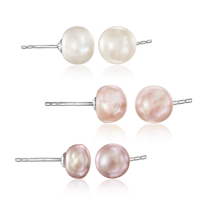 Multicolored cultured pearl stud earring set, sterling silver posts, three pairs of round pearls