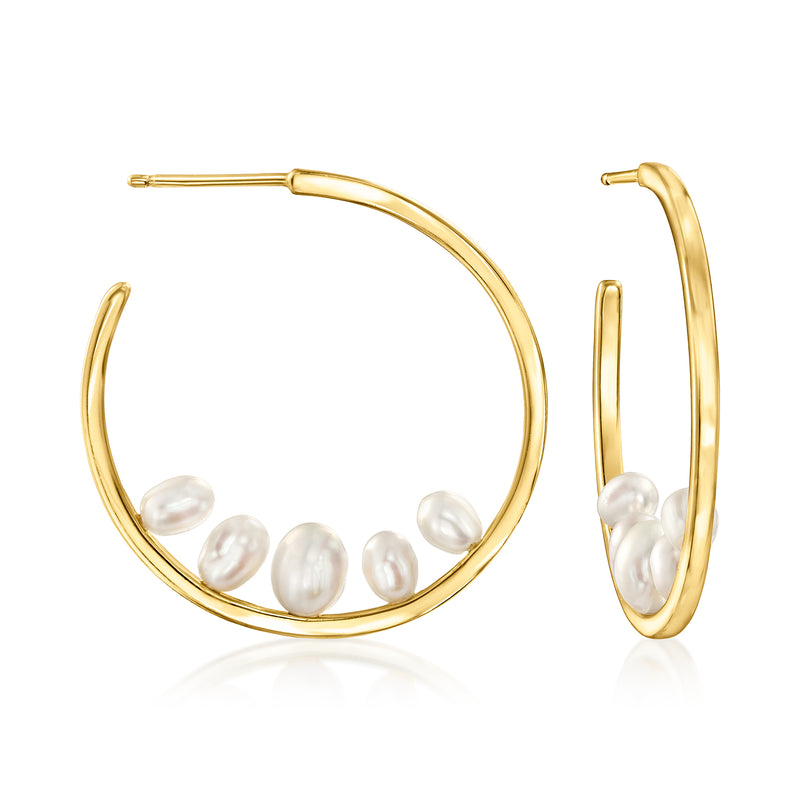 Gold hoop earrings with cultured pearls, 18kt gold over sterling hoops