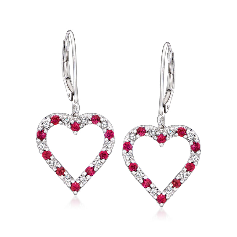 Ruby and diamond heart drop earrings in sterling silver with leverback closures