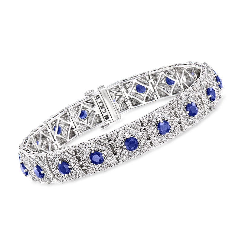 Sterling silver bracelet with blue sapphire stones and diamond accents, geometric design