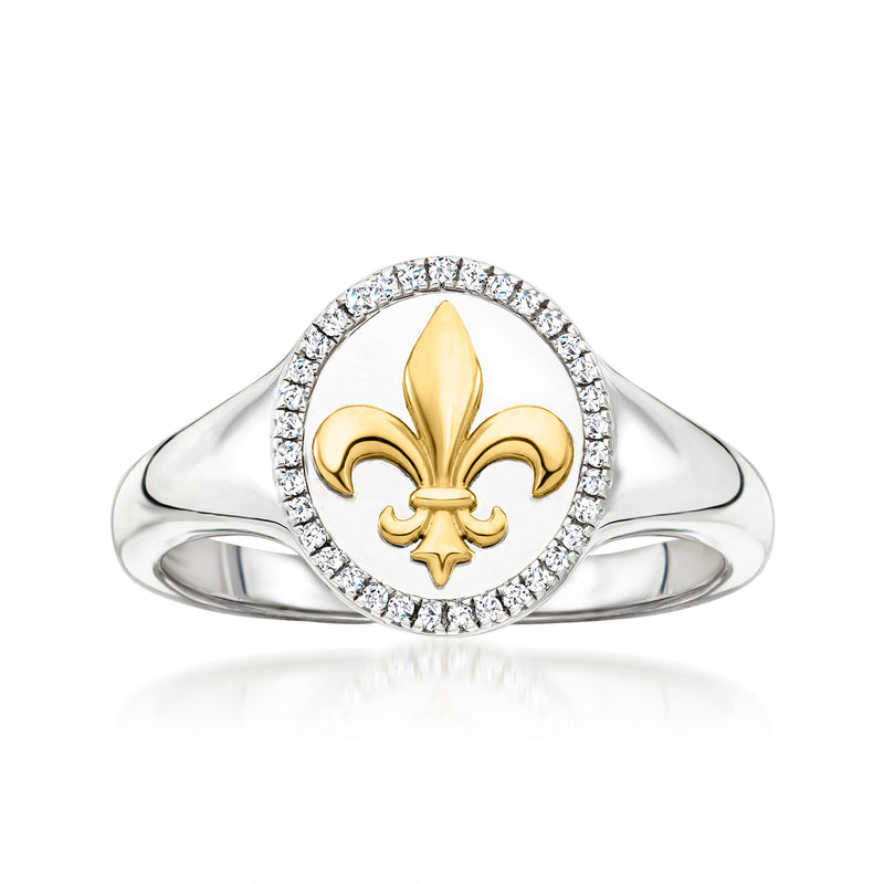 Sterling silver diamond fleur-de-lis ring with gold center and round stone halo