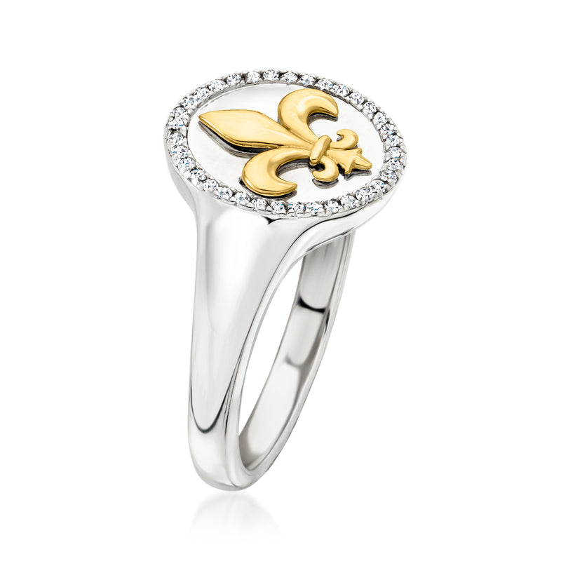 Sterling silver fleur-de-lis ring, oval gold medallion bordered by small diamonds