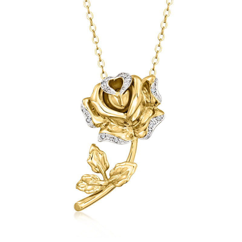 18kt gold rose pendant necklace with diamond-like accents and heart-shaped leaves