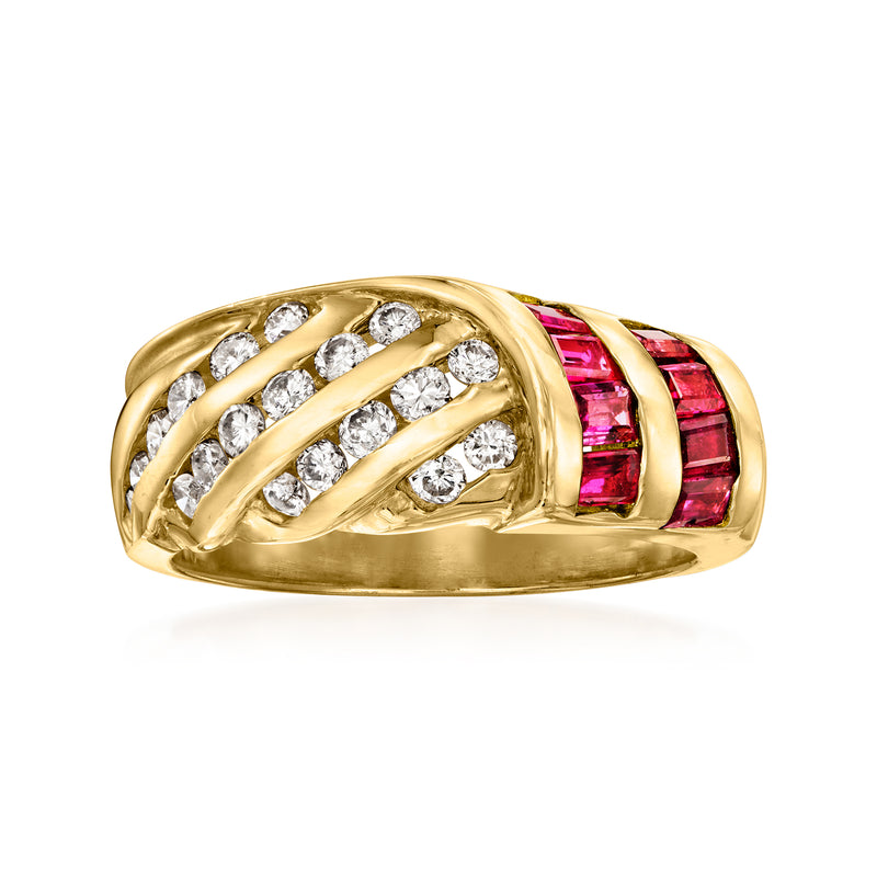 Vintage 14kt yellow gold ring with diamond lattice and ruby accents on the side