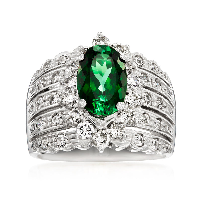 Vintage green tourmaline diamond ring, oval green center stone in white gold