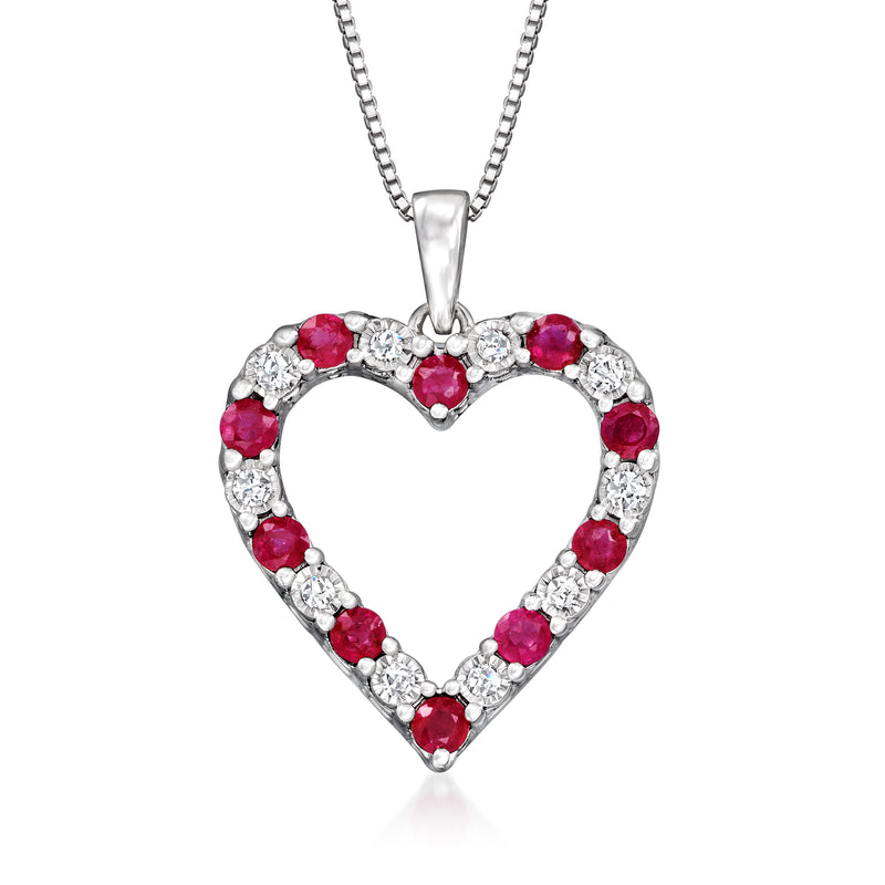 Sterling silver heart pendant necklace with ruby accents and diamond-like stones