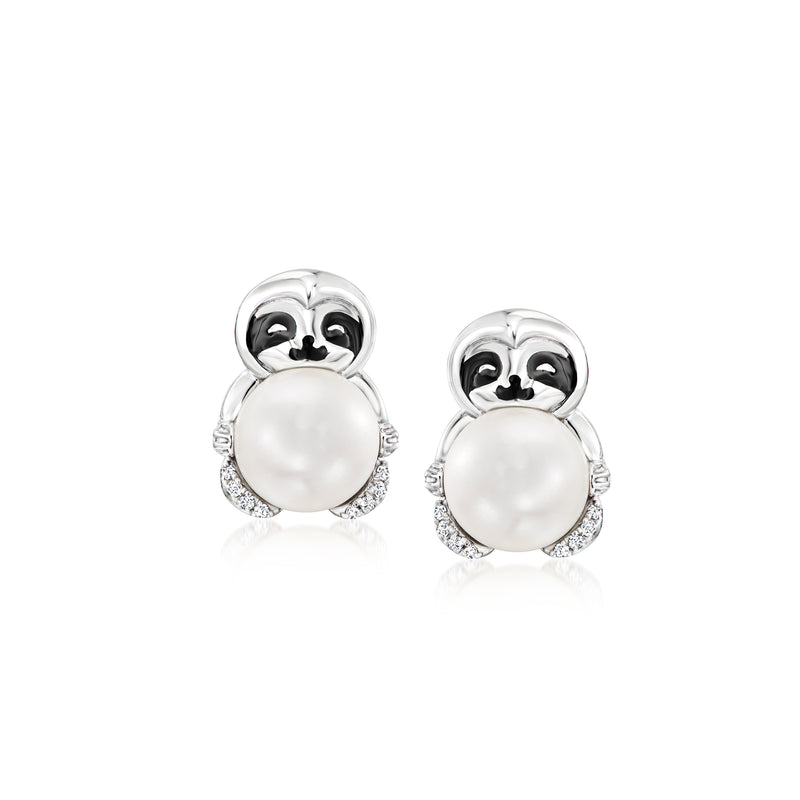 Sterling silver stud earrings with white cultured pearl, black enamel animal heads, diamond halo