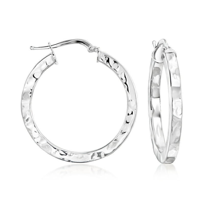 Hammered sterling silver hoop earrings with hinged clasp and polished ends