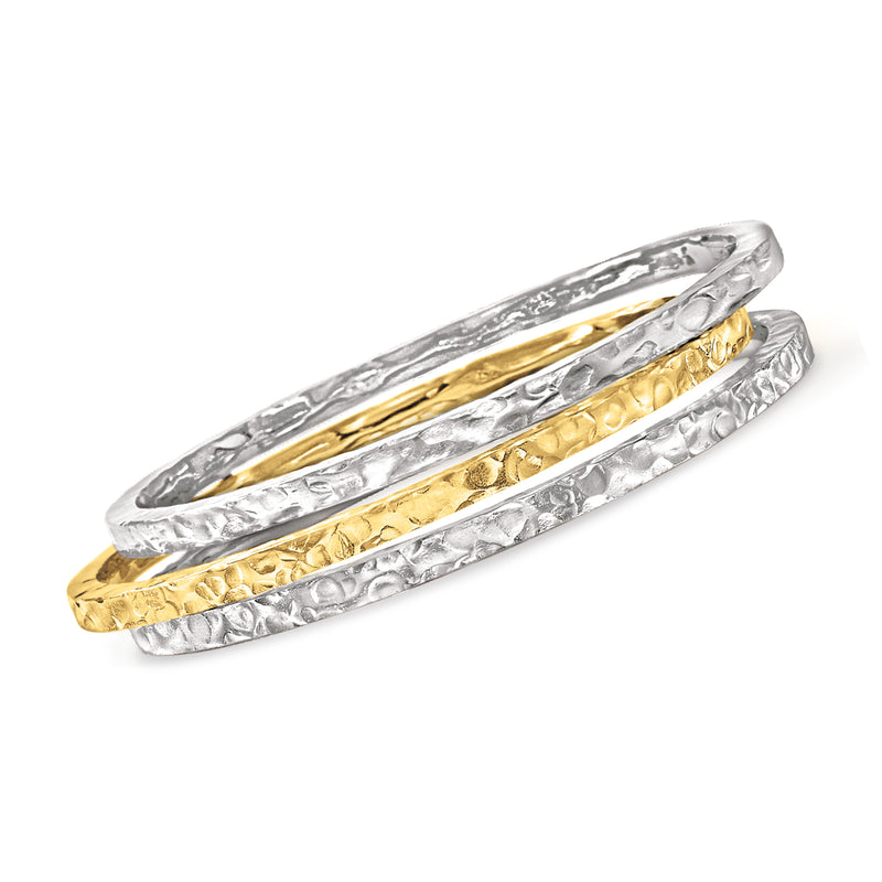 Three hammered two-tone sterling silver and gold bangle bracelets, stack-style set