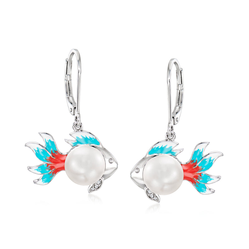 Fish drop earrings in sterling silver with white pearl, multicolor enamel, leverback hooks