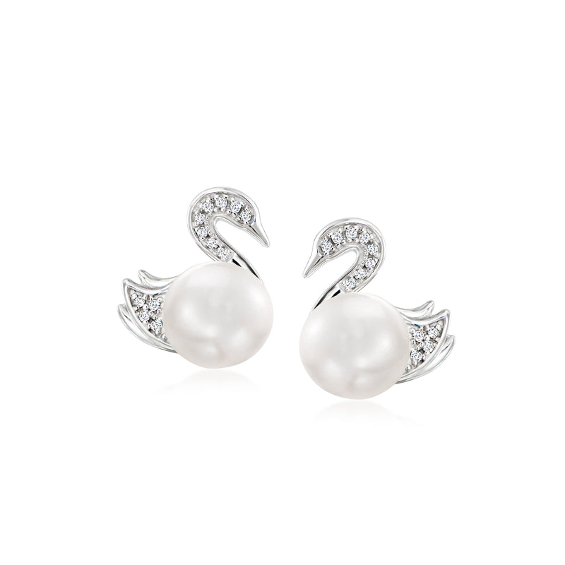 Cultured pearl swan earrings with diamond accents, sterling silver post backs