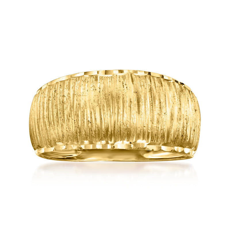 14kt yellow gold textured band ring with polished edges, domed top