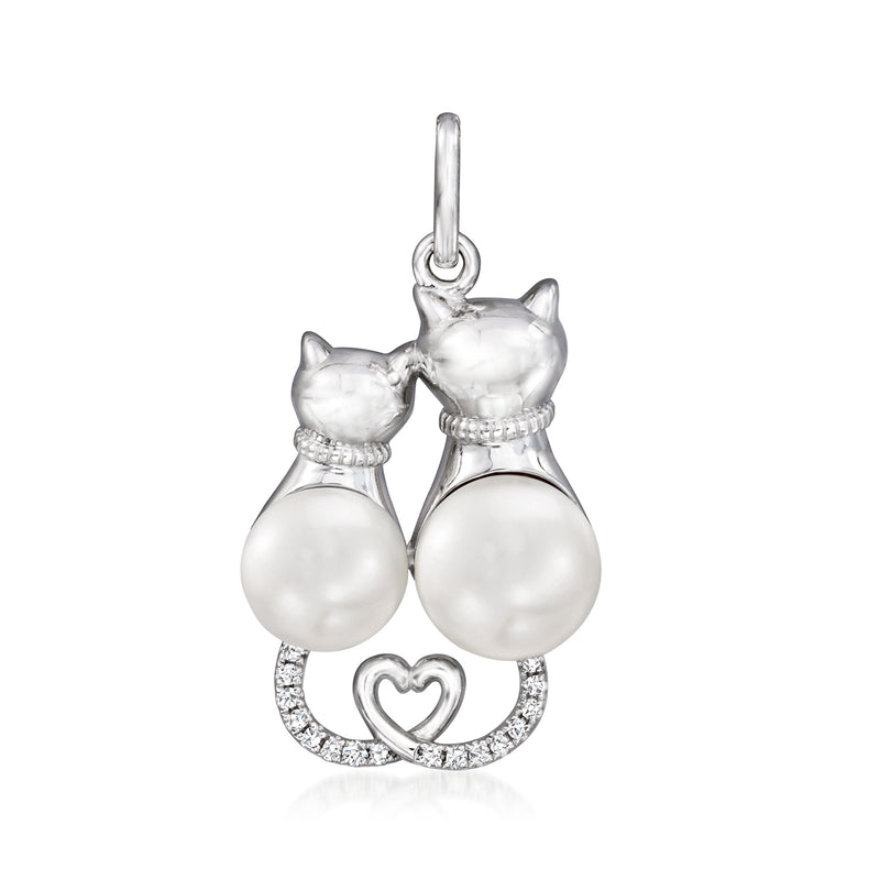 Sterling silver cat pendant with white cultured pearls and diamond accents