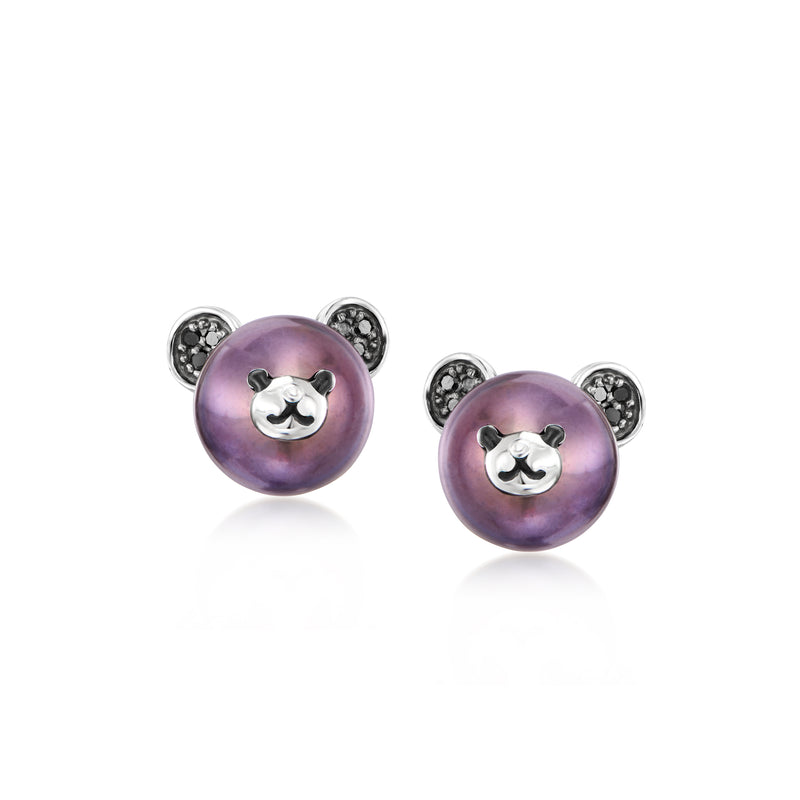 Round cultured pearl stud earrings with panda bear face in sterling silver, black diamond accents