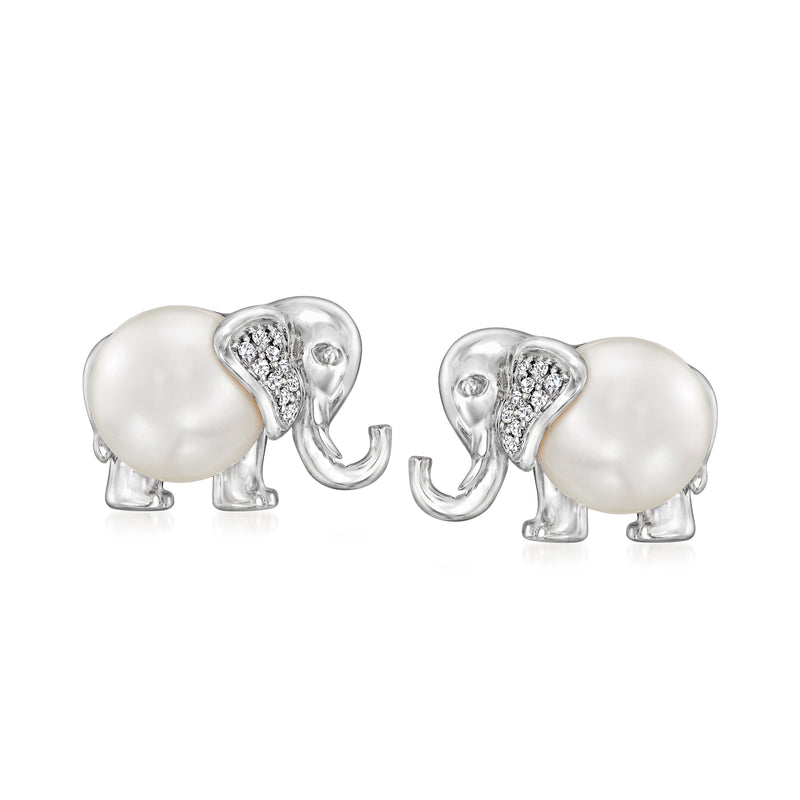 Sterling silver elephant stud earrings with white pearl and diamond-like accents, post backs
