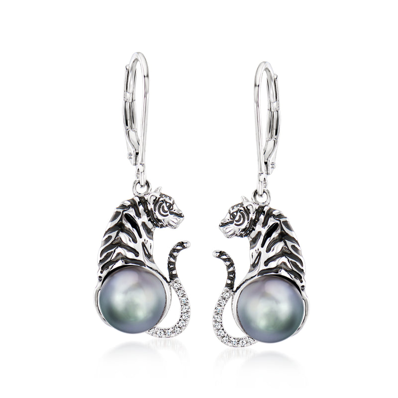 Tiger drop earrings with silver-tone hooks, black enamel tigerheads, and round cultured pearls