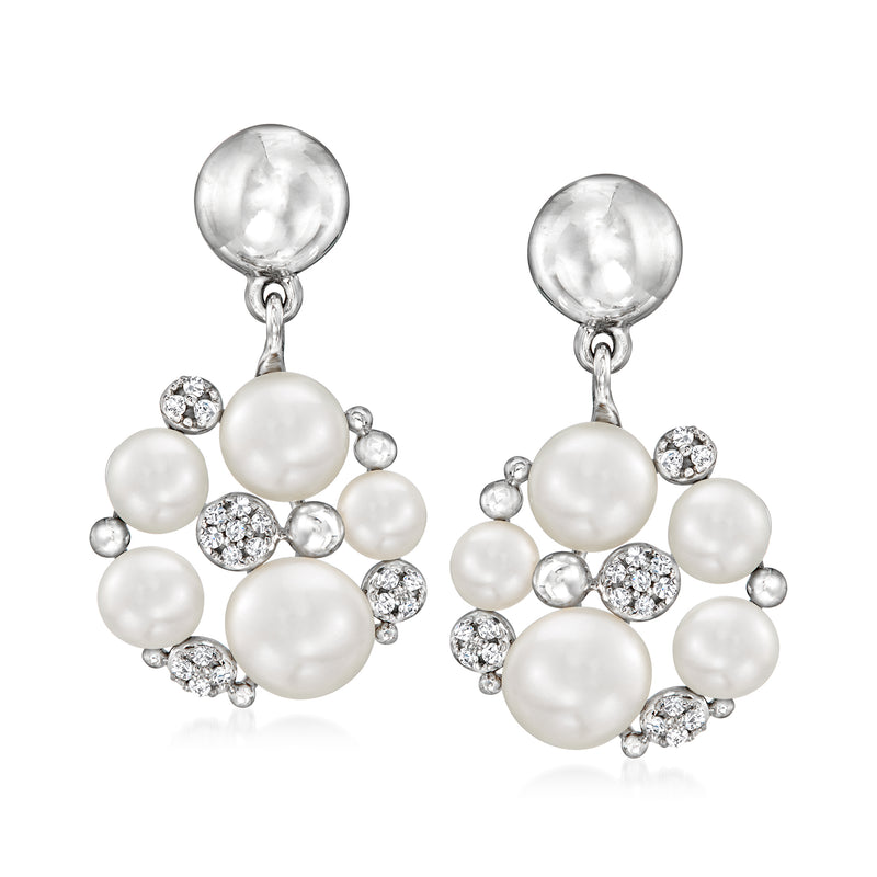 Sterling silver drop earrings with round cultured pearls and small diamond accents