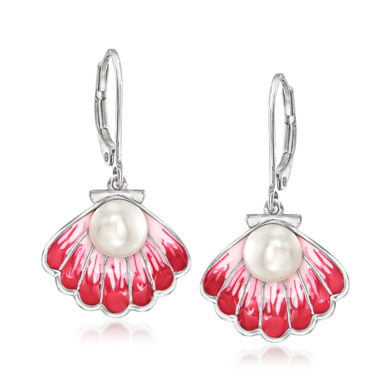 Sterling silver seashell drop earrings with cultured pearl, red enamel, leverback