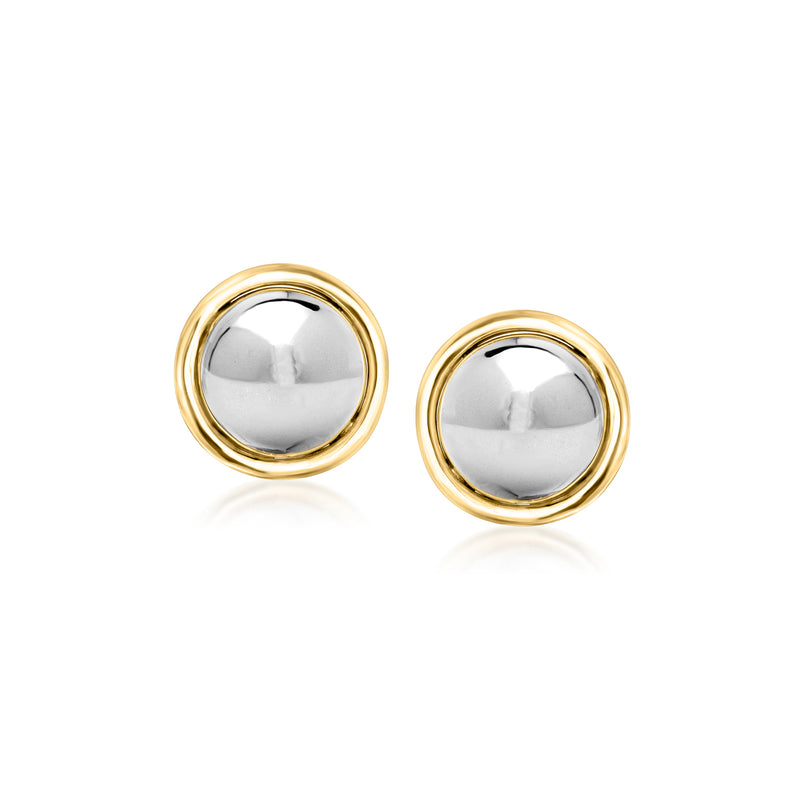 Round domed stud earrings with polished silver centers and yellow gold outer rings