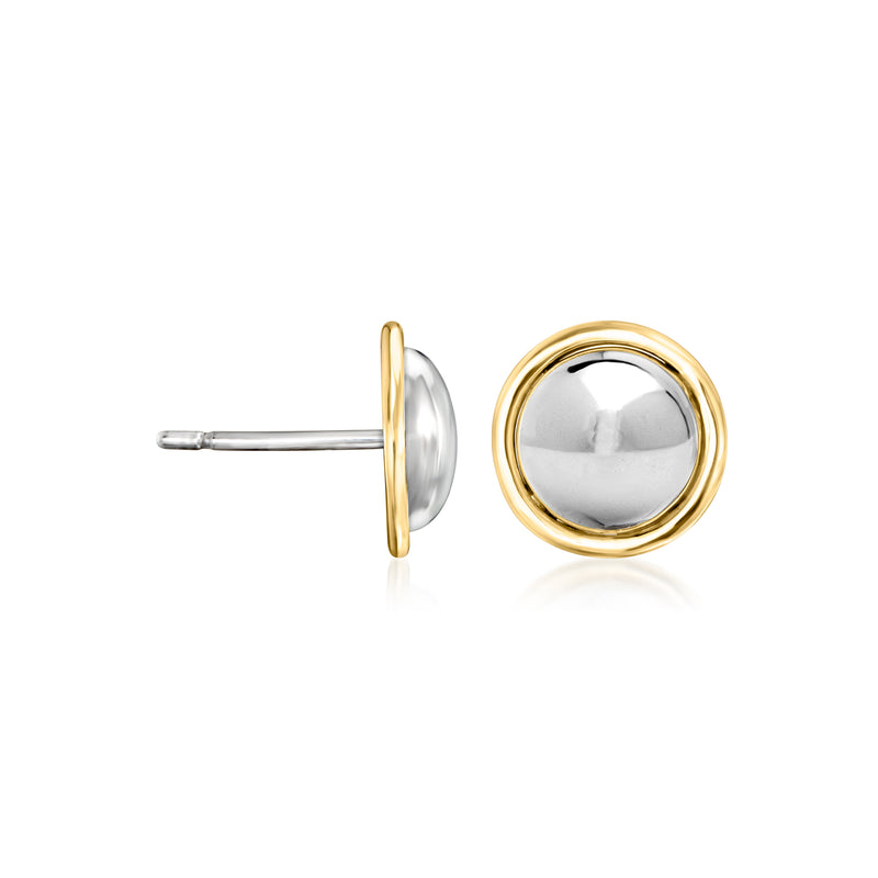 Domed stud earring with silver face, yellow gold rim, and straight post backing
