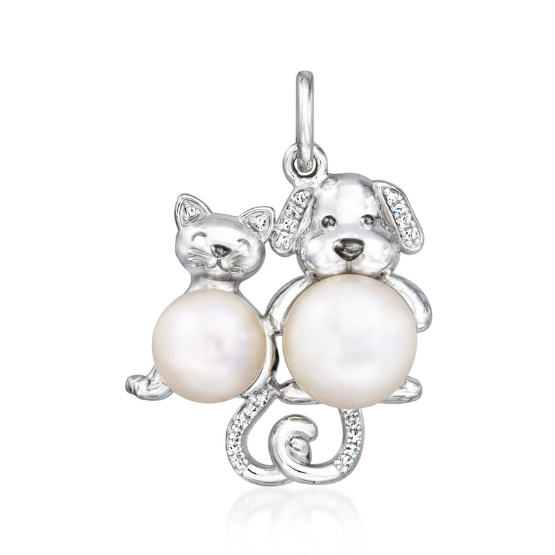 Sterling silver dog-and-cat pendant with cultured pearl faces and diamond accents