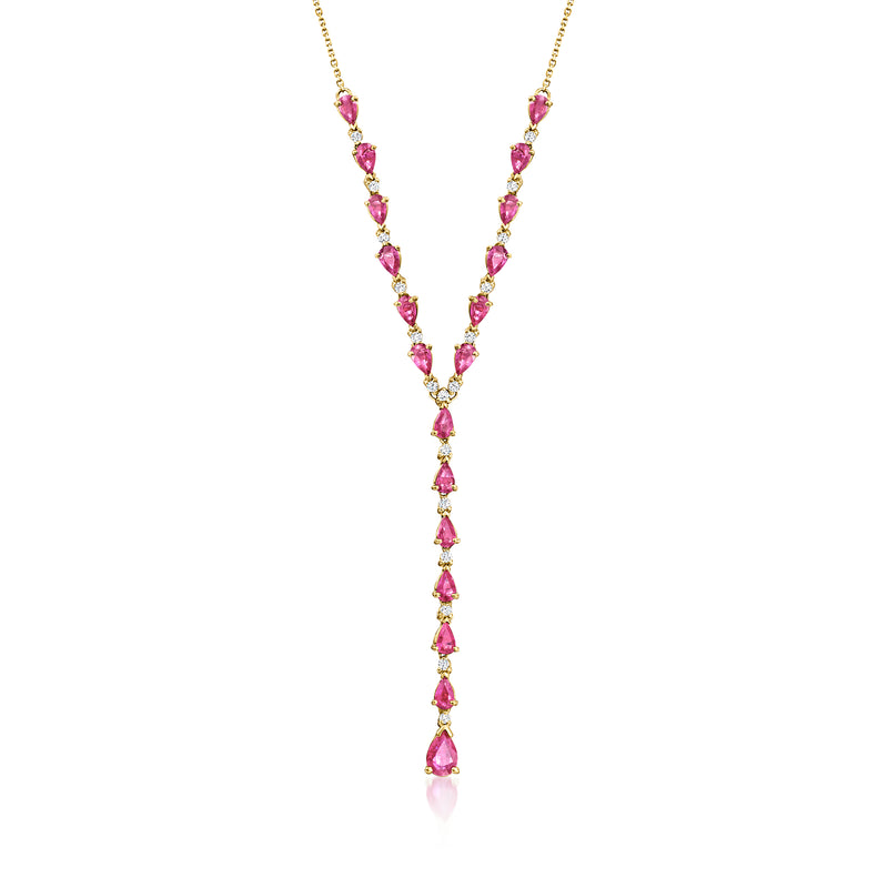 14kt yellow gold Y-necklace with pink ruby teardrops and diamond accents