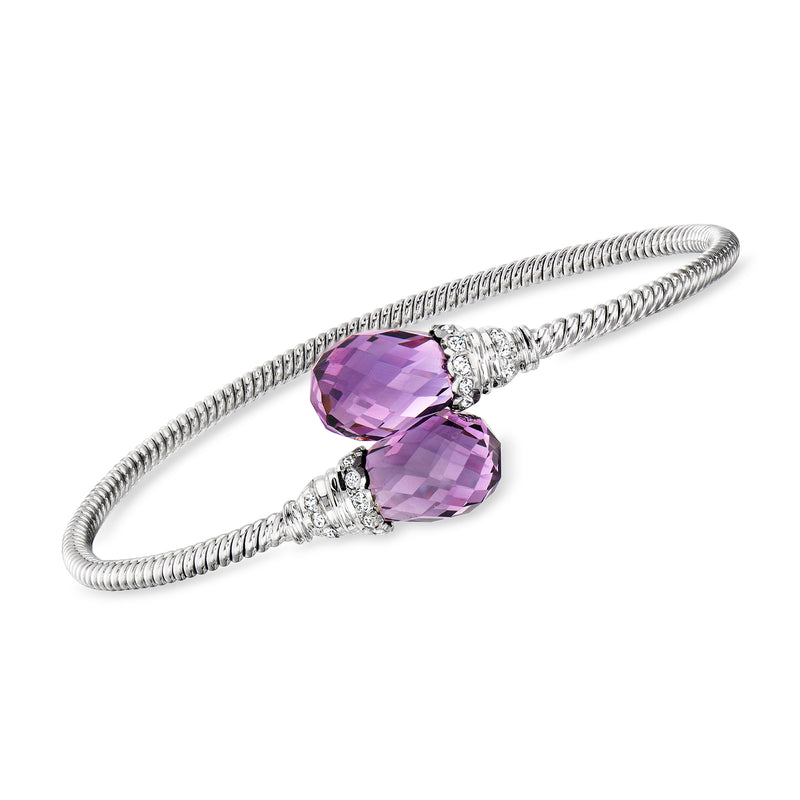 Amethyst bypass cuff bracelet in white gold with oval amethyst stones and diamond accents