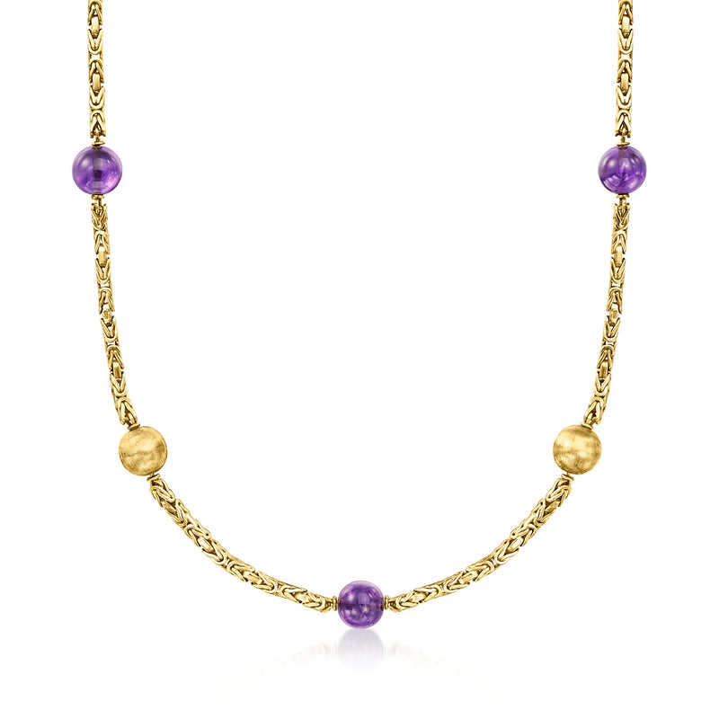 18kt yellow gold chain necklace with purple amethyst bead stations and round gold beads