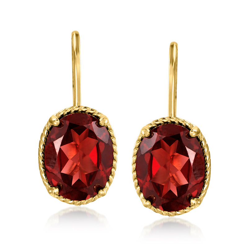 Oval garnet drop earrings in gold-tone with leverback backs, red gemstone halo