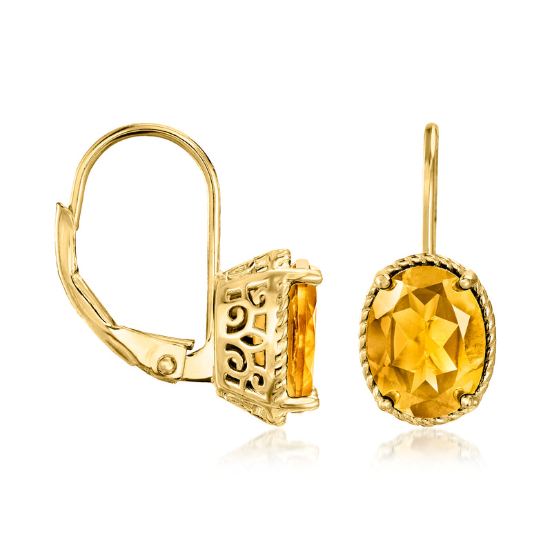 Gold leverback drop earrings with faceted oval citrine gemstones in halo settings